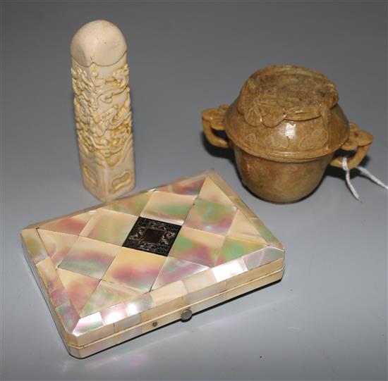 Chinese carved soapstone nest of cups, a resin seal and a mother-of pearl card case